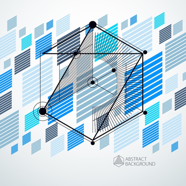線形次元の立方体形状、ベクトル 3 d メッシュ要素と等尺性の抽象的な青い背景。立方体、六角形、正方形、長方形、およびさまざまな抽象要素のレイアウト。