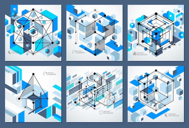 Sfondi blu astratti isometrici impostati con forme cubiche dimensionali lineari, elementi mesh 3d vettoriali. disposizione di cubi, esagoni, quadrati, rettangoli e diversi elementi astratti.