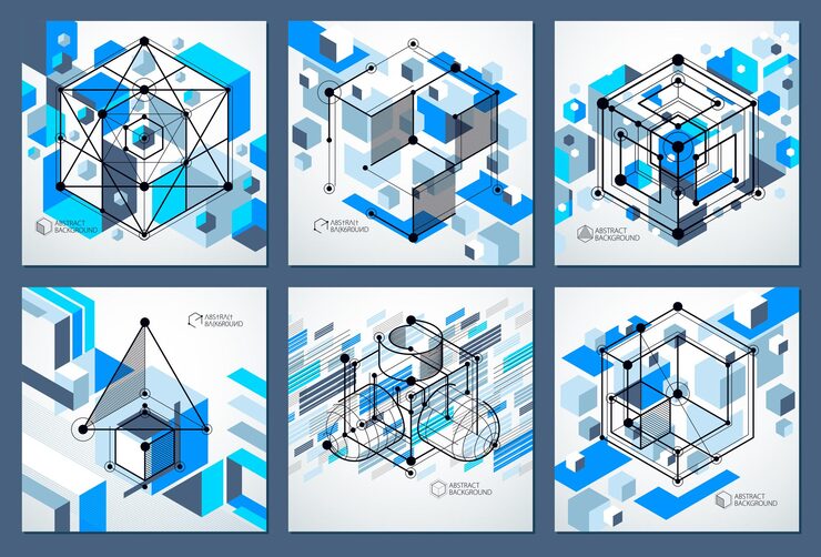 Vector 선형 차원 큐브 모양, 벡터 3d 메쉬 요소로 설정된 아이소메트릭 추상 파란색 배경. 큐브, 육각형, 사각형, 사각형 및 다른 추상 요소의 레이아웃입니다.