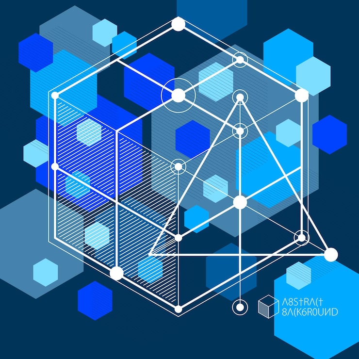 Vector isometric abstract dark blue background with linear dimensional cube shapes, vector 3d mesh elements. layout of cubes, hexagons, squares, rectangles and different abstract elements.