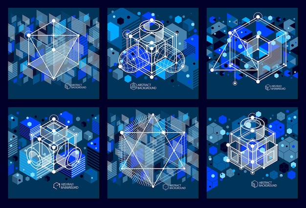 ベクトル 線形次元の立方体の形、ベクトル3dメッシュ要素で設定された等尺性の抽象的な紺色の背景。立方体、六角形、正方形、長方形、およびさまざまな抽象的な要素のレイアウト。