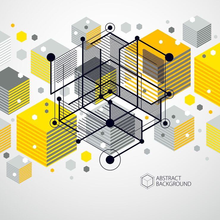 Vector isometric abstract yellow background with linear dimensional cube shapes, vector 3d mesh elements. layout of cubes, hexagons, squares, rectangles and different abstract elements.