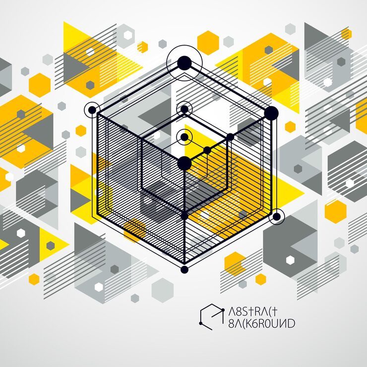 Vector 선형 차원 큐브 모양, 벡터 3d 메쉬 요소와 아이소메트릭 추상 노란색 배경. 큐브, 육각형, 사각형, 사각형 및 다른 추상 요소의 레이아웃입니다.