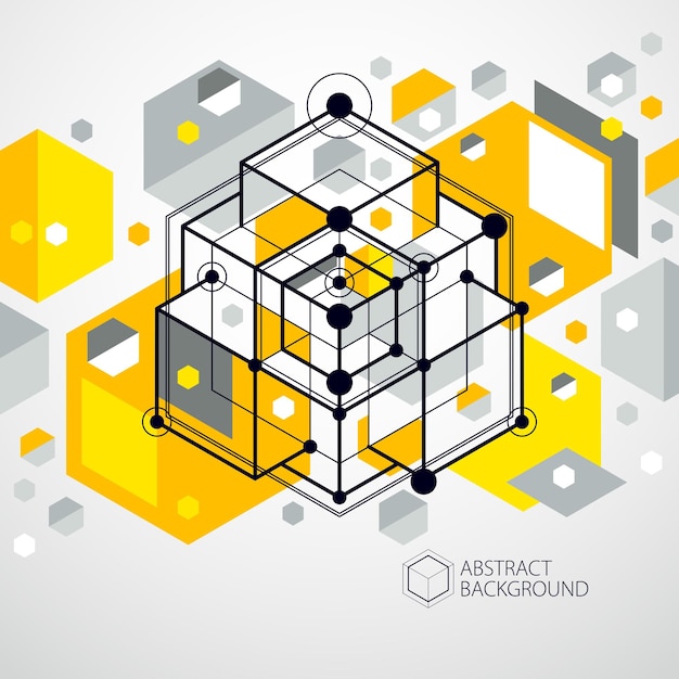 Sfondo giallo astratto isometrico con forme cubiche dimensionali lineari, elementi mesh 3d vettoriali. disposizione di cubi, esagoni, quadrati, rettangoli e diversi elementi astratti.