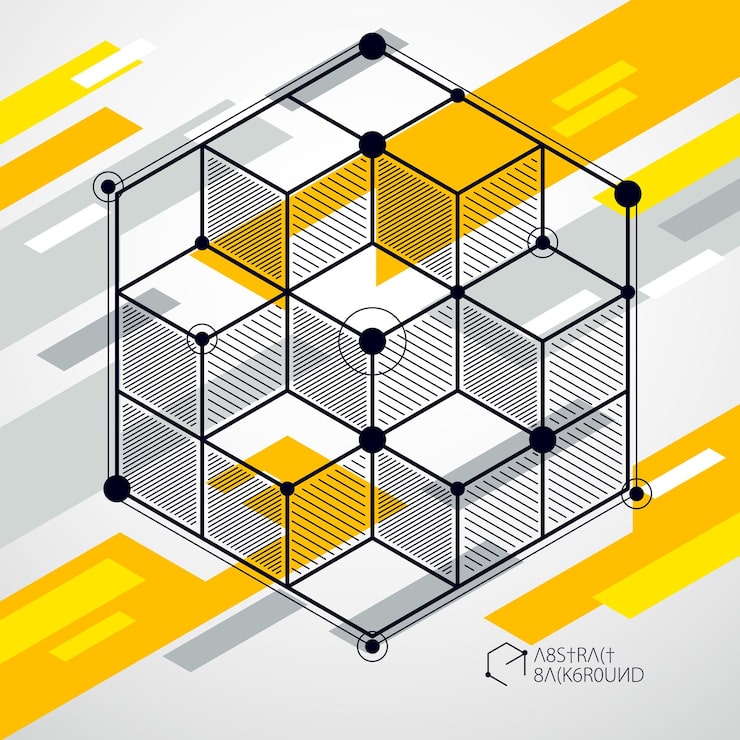 Vector isometric abstract yellow background with linear dimensional cube shapes, vector 3d mesh elements. layout of cubes, hexagons, squares, rectangles and different abstract elements.