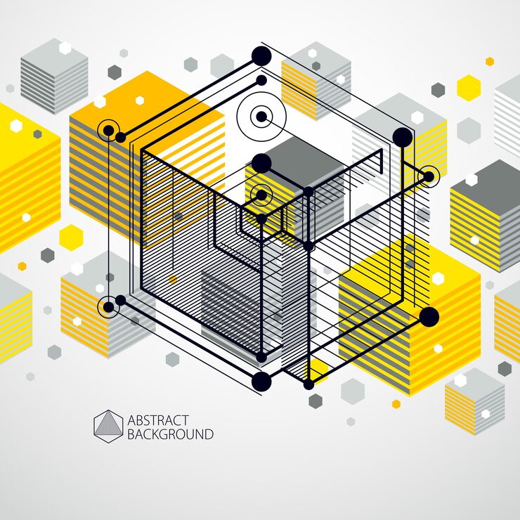 Vector isometric abstract yellow background with linear dimensional cube shapes, vector 3d mesh elements. layout of cubes, hexagons, squares, rectangles and different abstract elements.