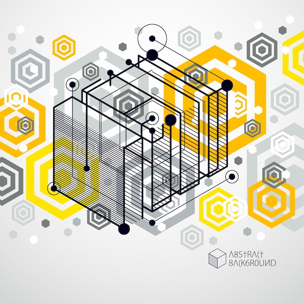 Vector isometric abstract yellow background with linear dimensional cube shapes, vector 3d mesh elements. layout of cubes, hexagons, squares, rectangles and different abstract elements.