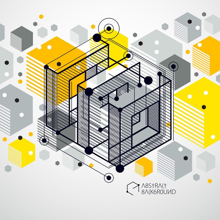 Vector isometric abstract yellow background with linear dimensional cube shapes, vector 3d mesh elements. layout of cubes, hexagons, squares, rectangles and different abstract elements.