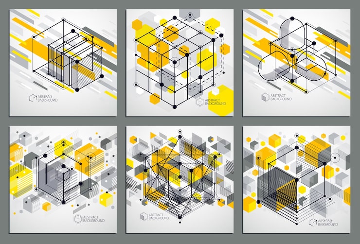 Vector 同度數抽象黃色背景,以線性維度立方體形狀,向量 3d 網格元素設定.立方體,六角形,正方形,長方形和不同抽象元素的布局.