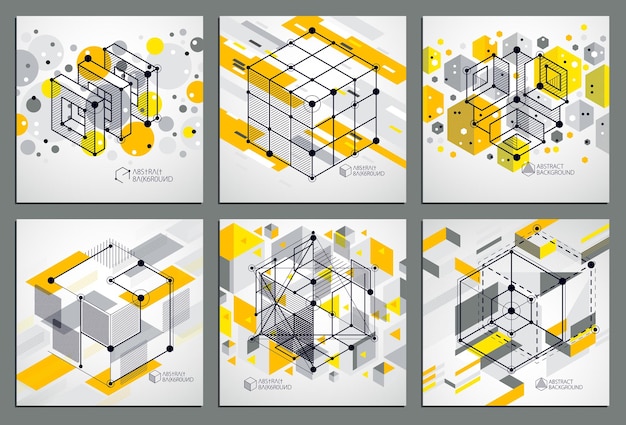 Isometric abstract yellow backgrounds set with linear dimensional cube shapes, vector 3d mesh elements. Layout of cubes, hexagons, squares, rectangles and different abstract elements.