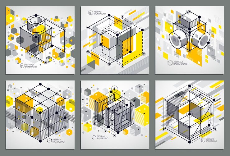 Vector 同度數抽象黃色背景,以線性維度立方體形狀,向量 3d 網格元素設定.立方體,六角形,正方形,長方形和不同抽象元素的布局.