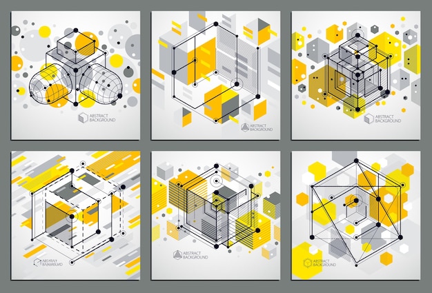 Isometric abstract yellow backgrounds set with linear dimensional cube shapes, vector 3d mesh elements. Layout of cubes, hexagons, squares, rectangles and different abstract elements.