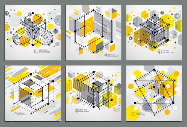 Isometric abstract yellow backgrounds set with linear dimensional cube shapes, vector 3d mesh elements. Layout of cubes, hexagons, squares, rectangles and different abstract elements.