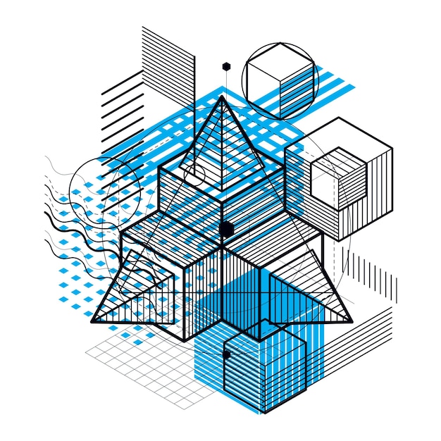 Вектор Изометрическая абстракция с линиями и различными элементами, векторный абстрактный фон. композиция из кубов, шестиугольников, квадратов, прямоугольников и различных абстрактных элементов.