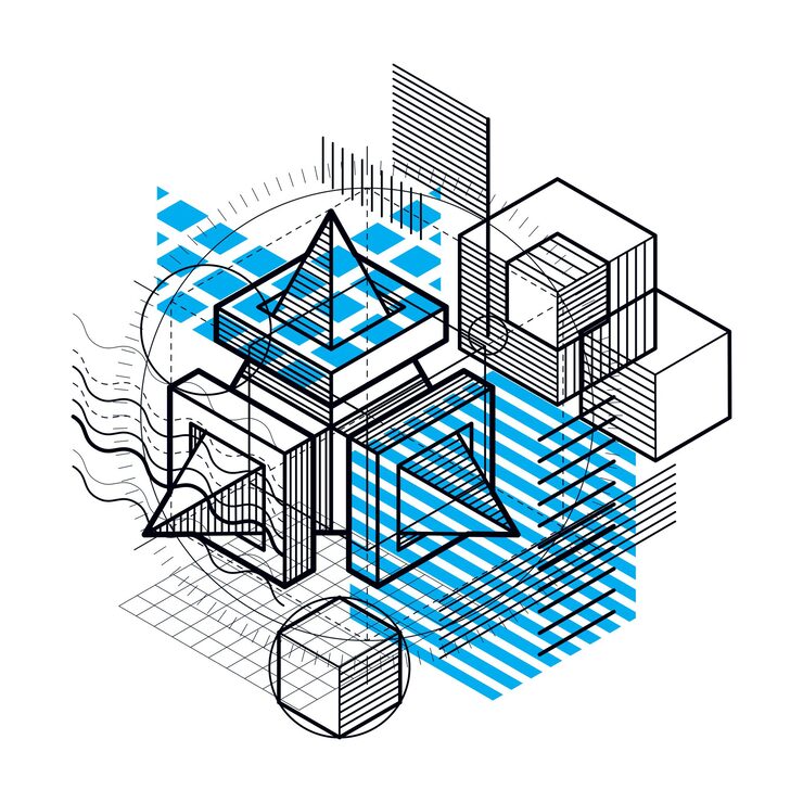 Vector isometric abstraction with lines and different elements, vector abstract background. composition of cubes, hexagons, squares, rectangles and different abstract elements.