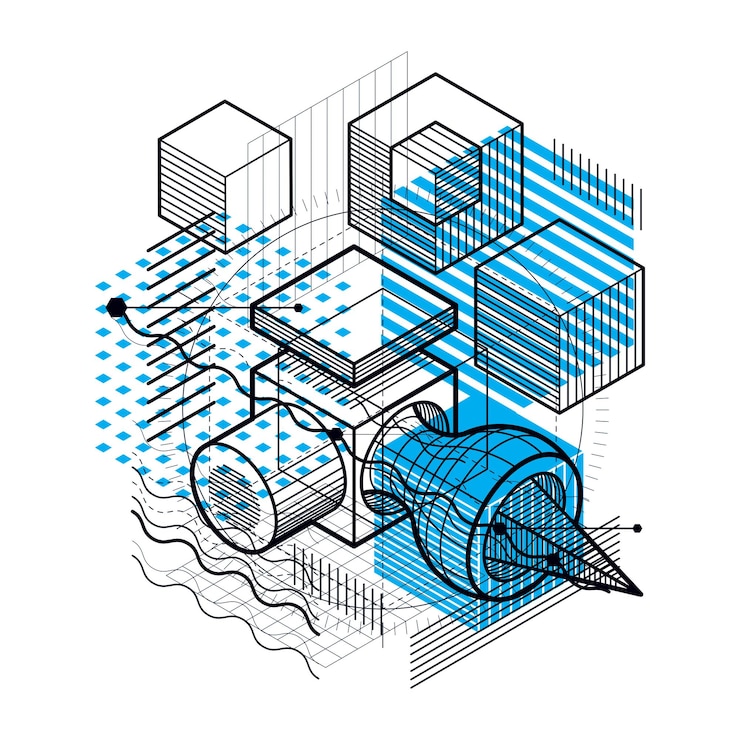 Vector isometric abstraction with lines and different elements, vector abstract background. composition of cubes, hexagons, squares, rectangles and different abstract elements.