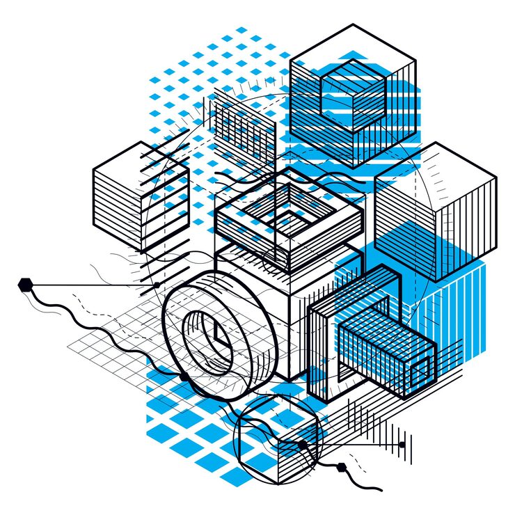 Вектор изометрическая абстракция с линиями и различными элементами, векторный абстрактный фон. композиция из кубов, шестиугольников, квадратов, прямоугольников и различных абстрактных элементов.