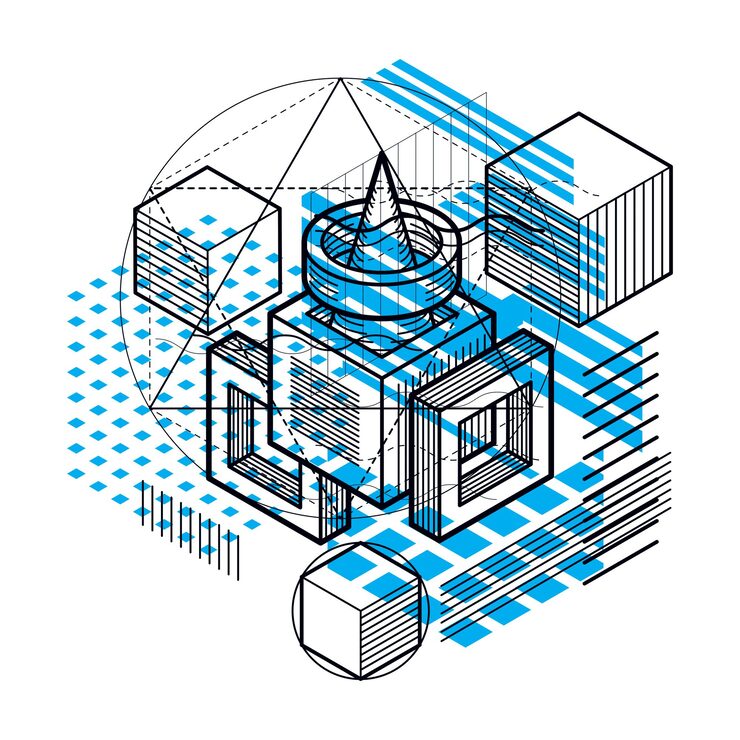 Vector isometric abstraction with lines and different elements, vector abstract background. composition of cubes, hexagons, squares, rectangles and different abstract elements.