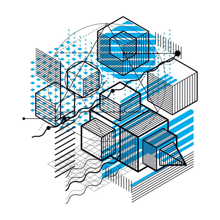 Vector 선과 다양한 요소를 사용한 아이소메트릭 추상화, 벡터 추상 배경. 큐브, 육각형, 정사각형, 직사각형 및 다양한 추상 요소로 구성됩니다.
