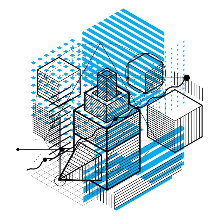 Vector isometric abstraction with lines and different elements, vector abstract background. composition of cubes, hexagons, squares, rectangles and different abstract elements.