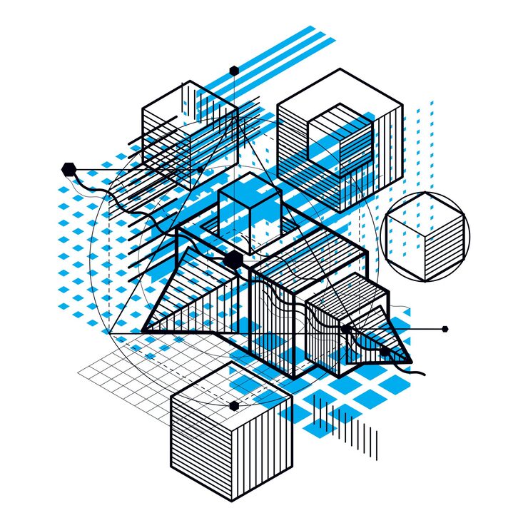 Vector isometric abstraction with lines and different elements, vector abstract background. composition of cubes, hexagons, squares, rectangles and different abstract elements.