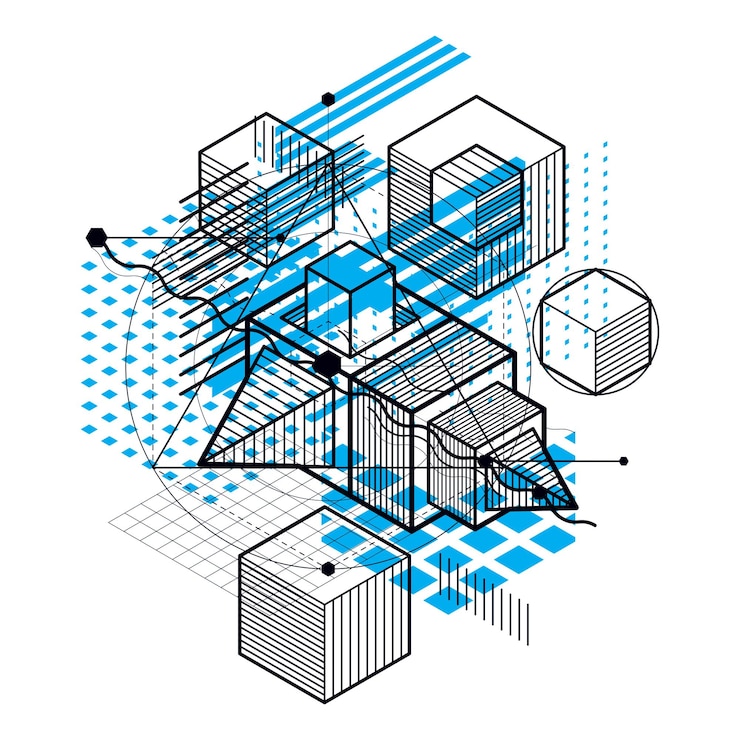 Vector isometric abstraction with lines and different elements, vector abstract background. composition of cubes, hexagons, squares, rectangles and different abstract elements.