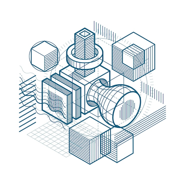 Vector 선과 다양한 요소를 사용한 아이소메트릭 추상화, 벡터 추상 배경. 큐브, 육각형, 정사각형, 직사각형 및 다양한 추상 요소로 구성됩니다.