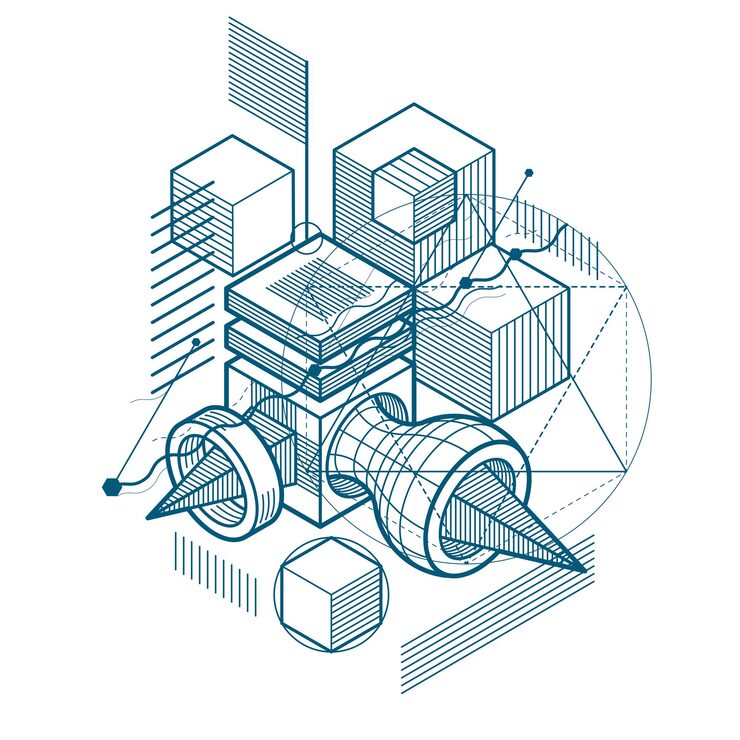 Vector isometric abstraction with lines and different elements, vector abstract background. composition of cubes, hexagons, squares, rectangles and different abstract elements.
