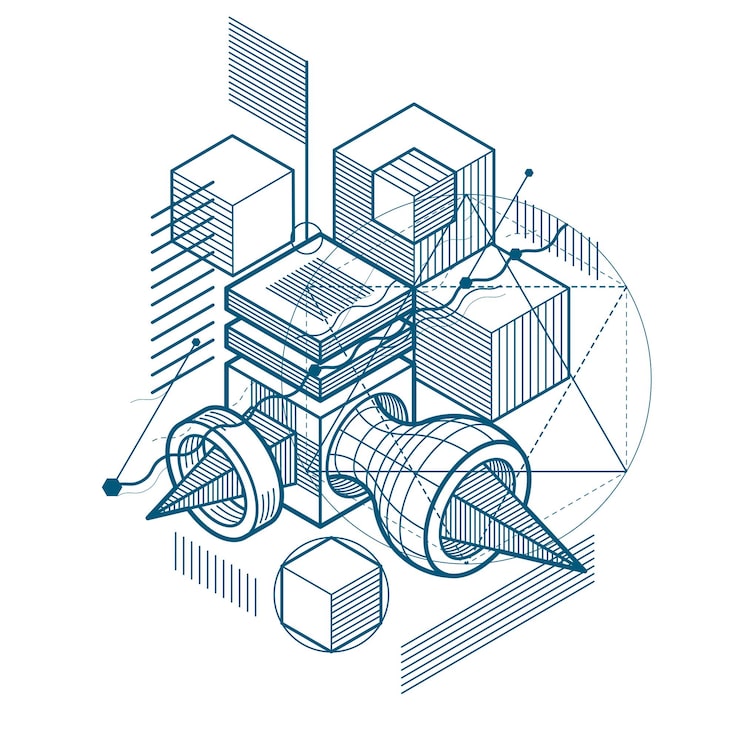 Vector isometric abstraction with lines and different elements, vector abstract background. composition of cubes, hexagons, squares, rectangles and different abstract elements.