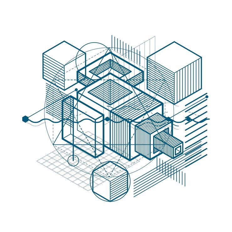 Vector 선과 다양한 요소를 사용한 아이소메트릭 추상화, 벡터 추상 배경. 큐브, 육각형, 정사각형, 직사각형 및 다양한 추상 요소로 구성됩니다.