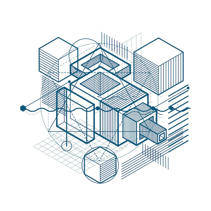 Vector isometric abstraction with lines and different elements, vector abstract background. composition of cubes, hexagons, squares, rectangles and different abstract elements.