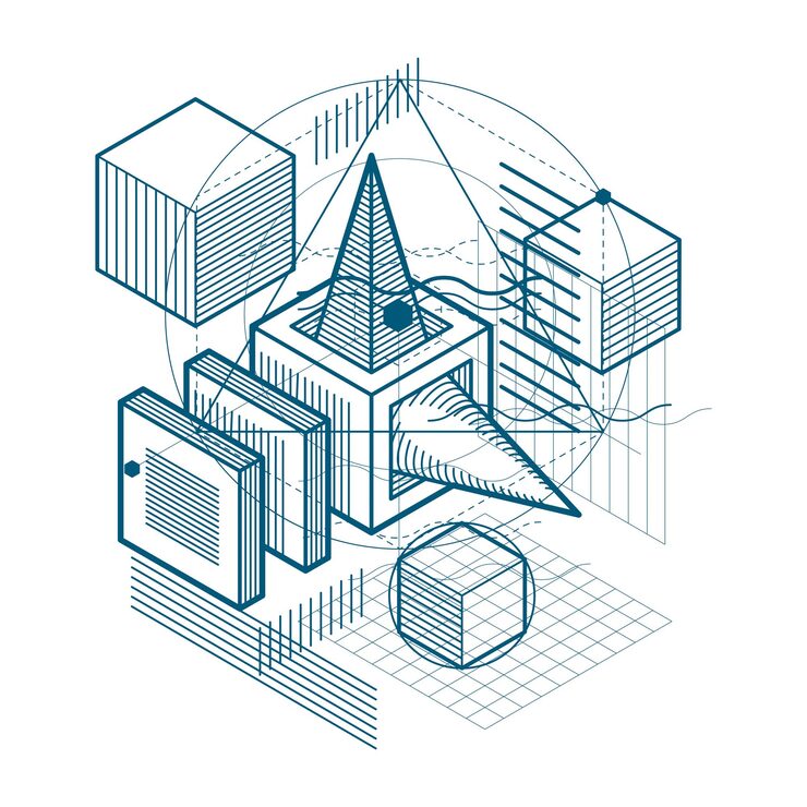 Vector isometric abstraction with lines and different elements, vector abstract background. composition of cubes, hexagons, squares, rectangles and different abstract elements.
