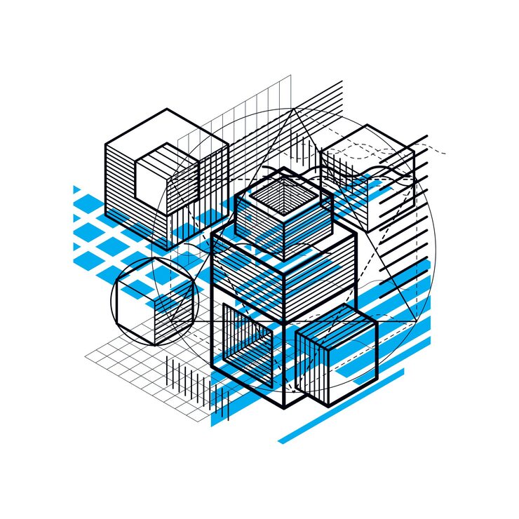 Vector isometric abstraction with lines and different elements, vector abstract background. composition of cubes, hexagons, squares, rectangles and different abstract elements.