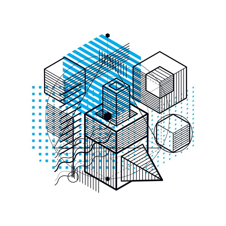 Vector isometric abstraction with lines and different elements, vector abstract background. composition of cubes, hexagons, squares, rectangles and different abstract elements.
