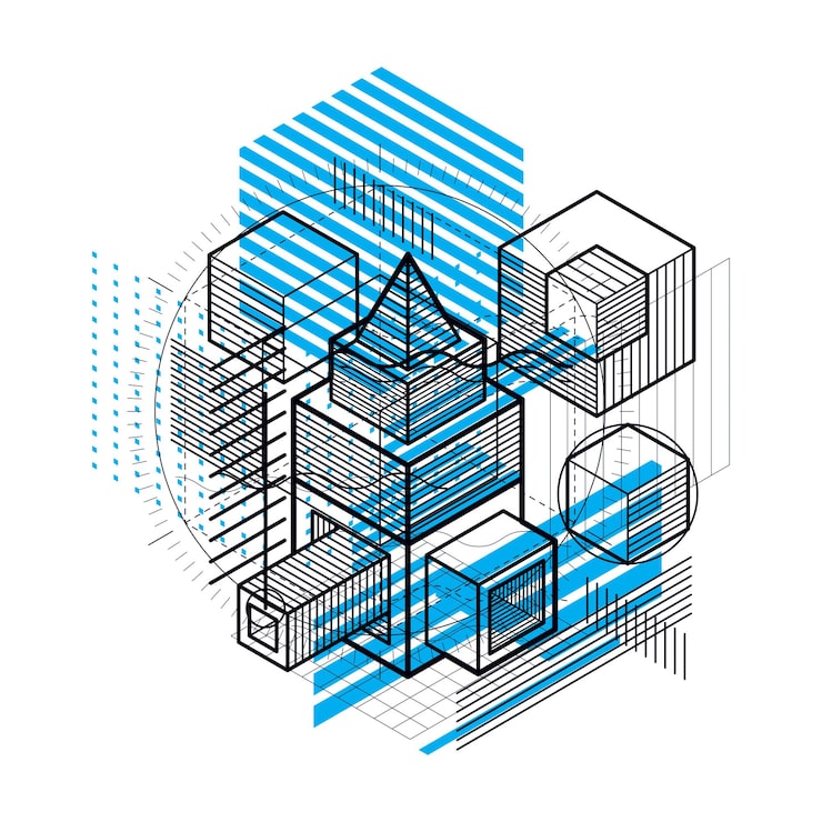 Vector isometric abstraction with lines and different elements, vector abstract background. composition of cubes, hexagons, squares, rectangles and different abstract elements.