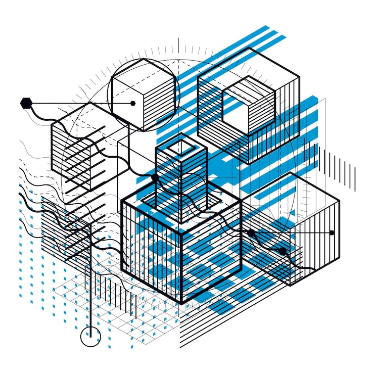 Vector isometric abstraction with lines and different elements, vector abstract background. composition of cubes, hexagons, squares, rectangles and different abstract elements.