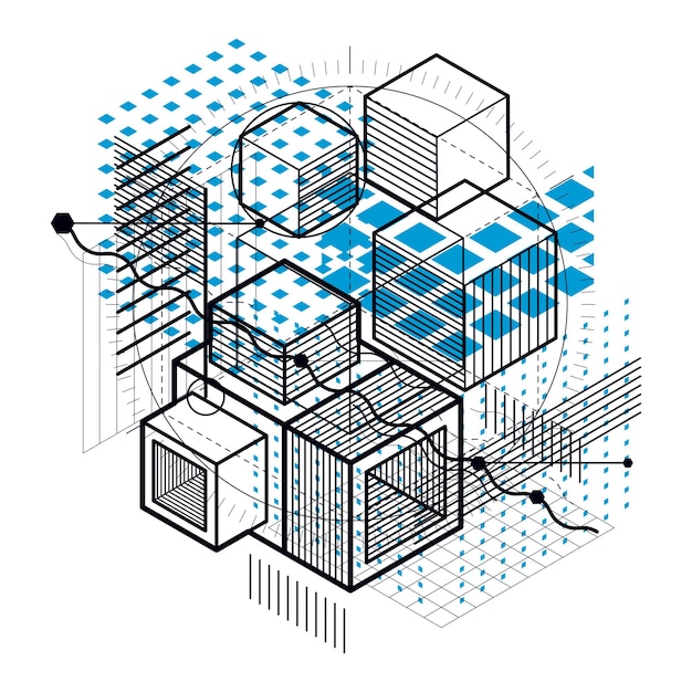 Isometric abstraction with lines and different elements, vector abstract background. Composition of cubes, hexagons, squares, rectangles and different abstract elements.