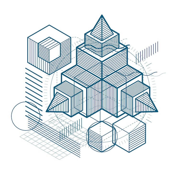 Vector isometric abstraction with lines and different elements, vector abstract background. composition of cubes, hexagons, squares, rectangles and different abstract elements.