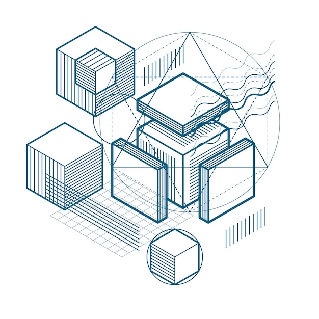 isometric abstraction with lines and different elements, vector abstract background. composition of cubes, hexagons, squares, rectangles and different abstract elements.