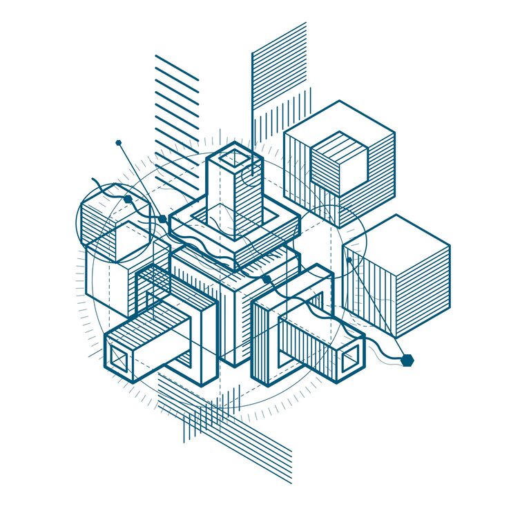 Vector isometric abstraction with lines and different elements, vector abstract background. composition of cubes, hexagons, squares, rectangles and different abstract elements.