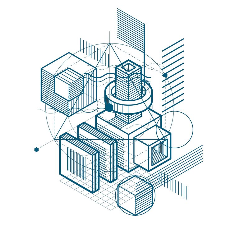 Vector isometric abstraction with lines and different elements, vector abstract background. composition of cubes, hexagons, squares, rectangles and different abstract elements.