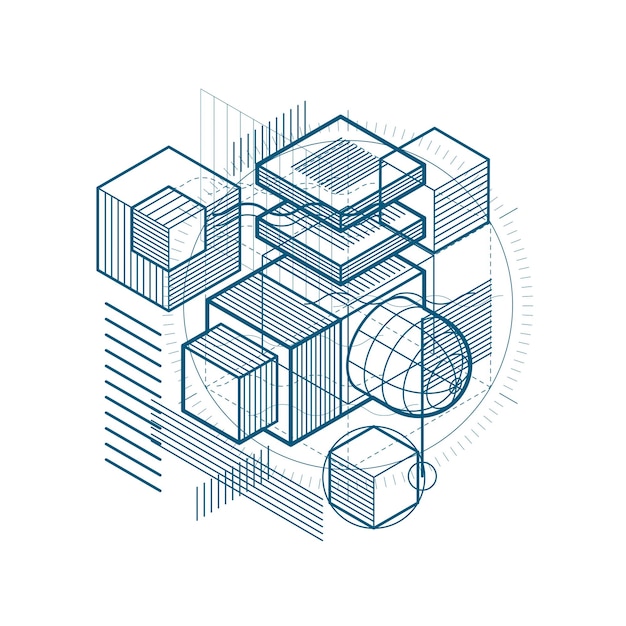 Изометрическая абстракция с линиями и различными элементами, векторный абстрактный фон. Состав кубов, шестиугольников, квадратов, прямоугольников и различных абстрактных элементов.