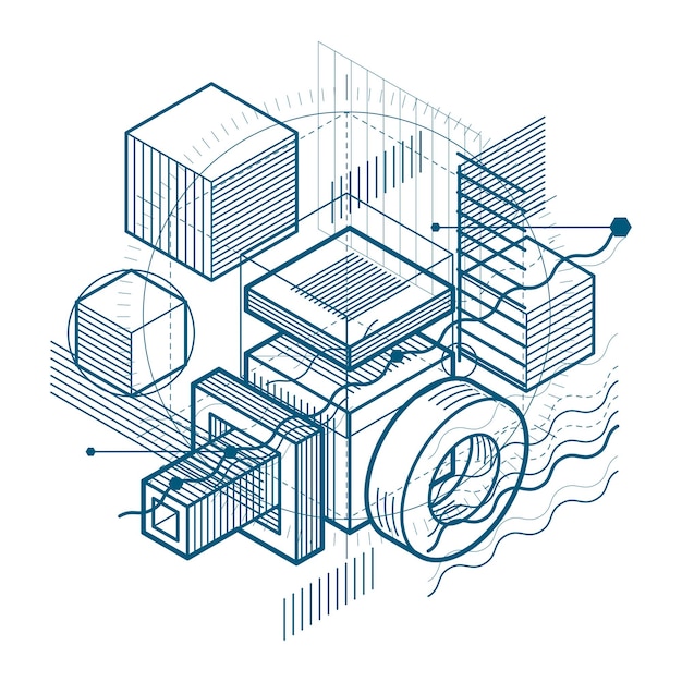 isometric abstraction with lines and different elements, vector abstract background. composition of cubes, hexagons, squares, rectangles and different abstract elements.