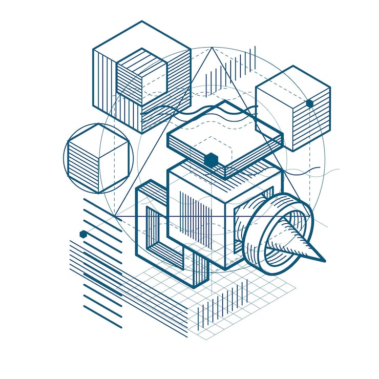 Vector isometric abstraction with lines and different elements, vector abstract background. composition of cubes, hexagons, squares, rectangles and different abstract elements.