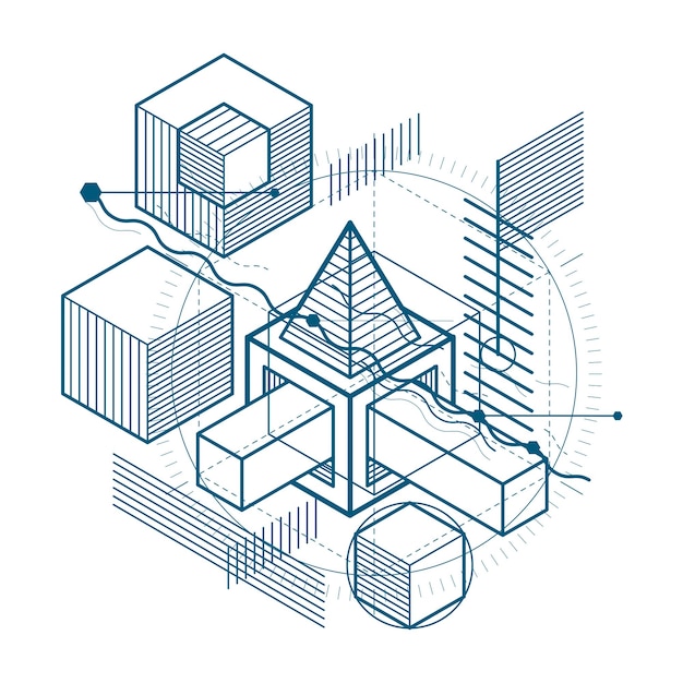 isometric abstraction with lines and different elements, vector abstract background. composition of cubes, hexagons, squares, rectangles and different abstract elements.