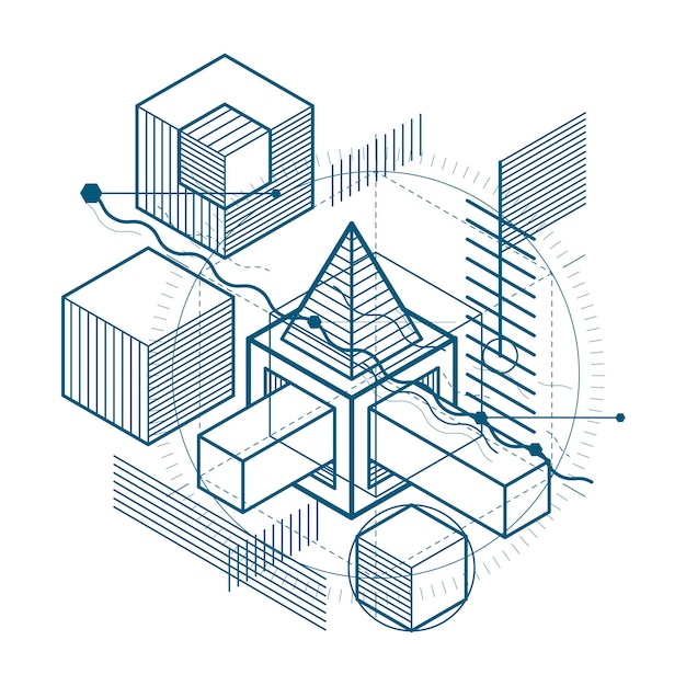 Isometric abstraction with lines and different elements, vector abstract background. Composition of cubes, hexagons, squares, rectangles and different abstract elements.