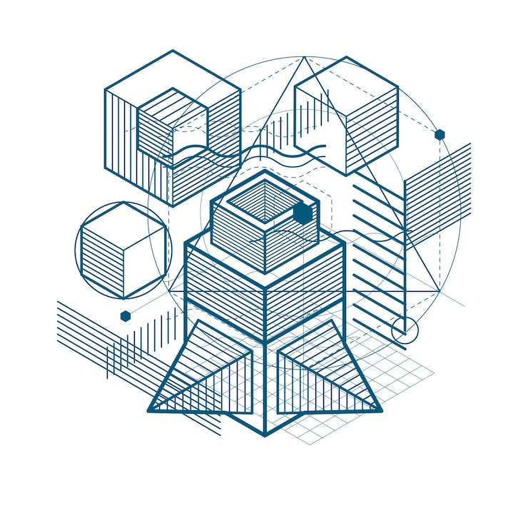 Vector isometric abstraction with lines and different elements, vector abstract background. composition of cubes, hexagons, squares, rectangles and different abstract elements.