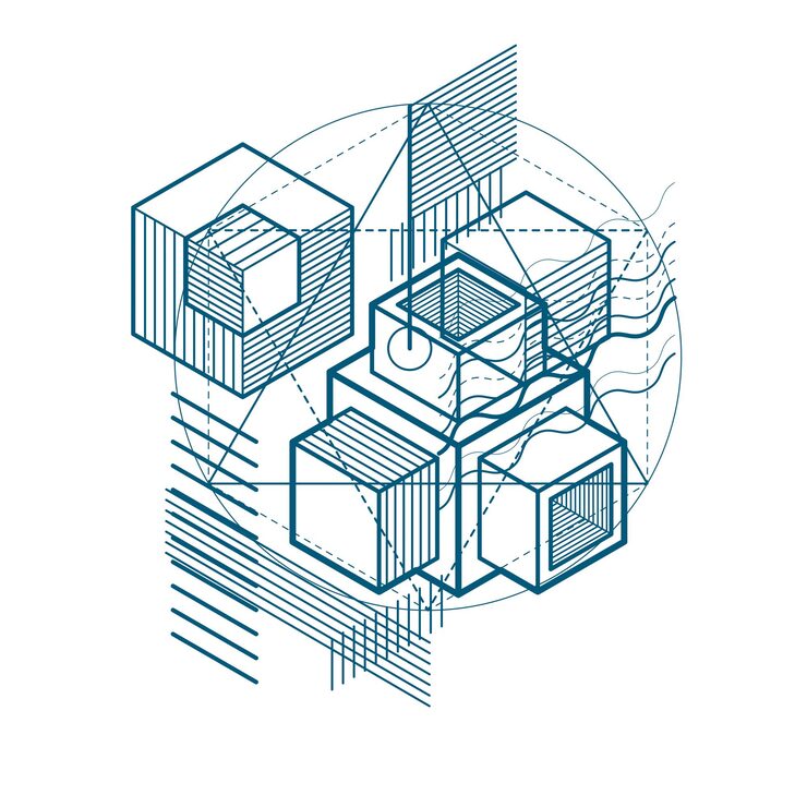 Vector isometric abstraction with lines and different elements, vector abstract background. composition of cubes, hexagons, squares, rectangles and different abstract elements.