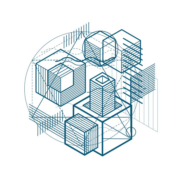 Vector isometric abstraction with lines and different elements, vector abstract background. composition of cubes, hexagons, squares, rectangles and different abstract elements.