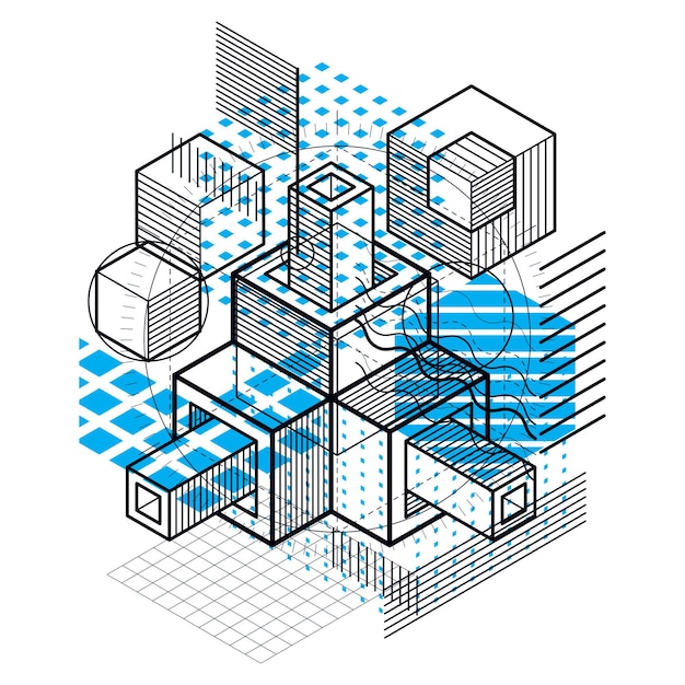 Vector isometric abstraction with lines and different elements, vector abstract background. composition of cubes, hexagons, squares, rectangles and different abstract elements.